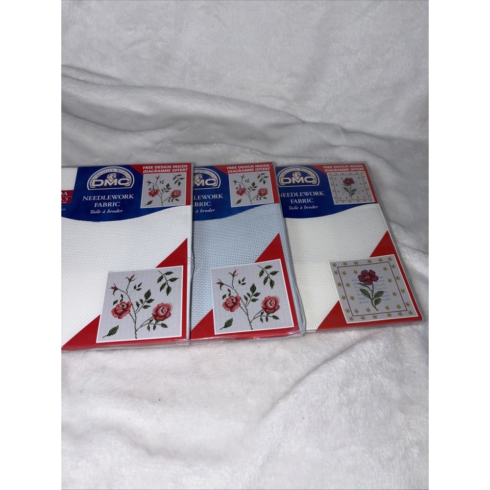 Lot of 3 DMC Aida Needlework Fabric 14 Count 14"x18" 2 White & 1 Pale Delft Blue